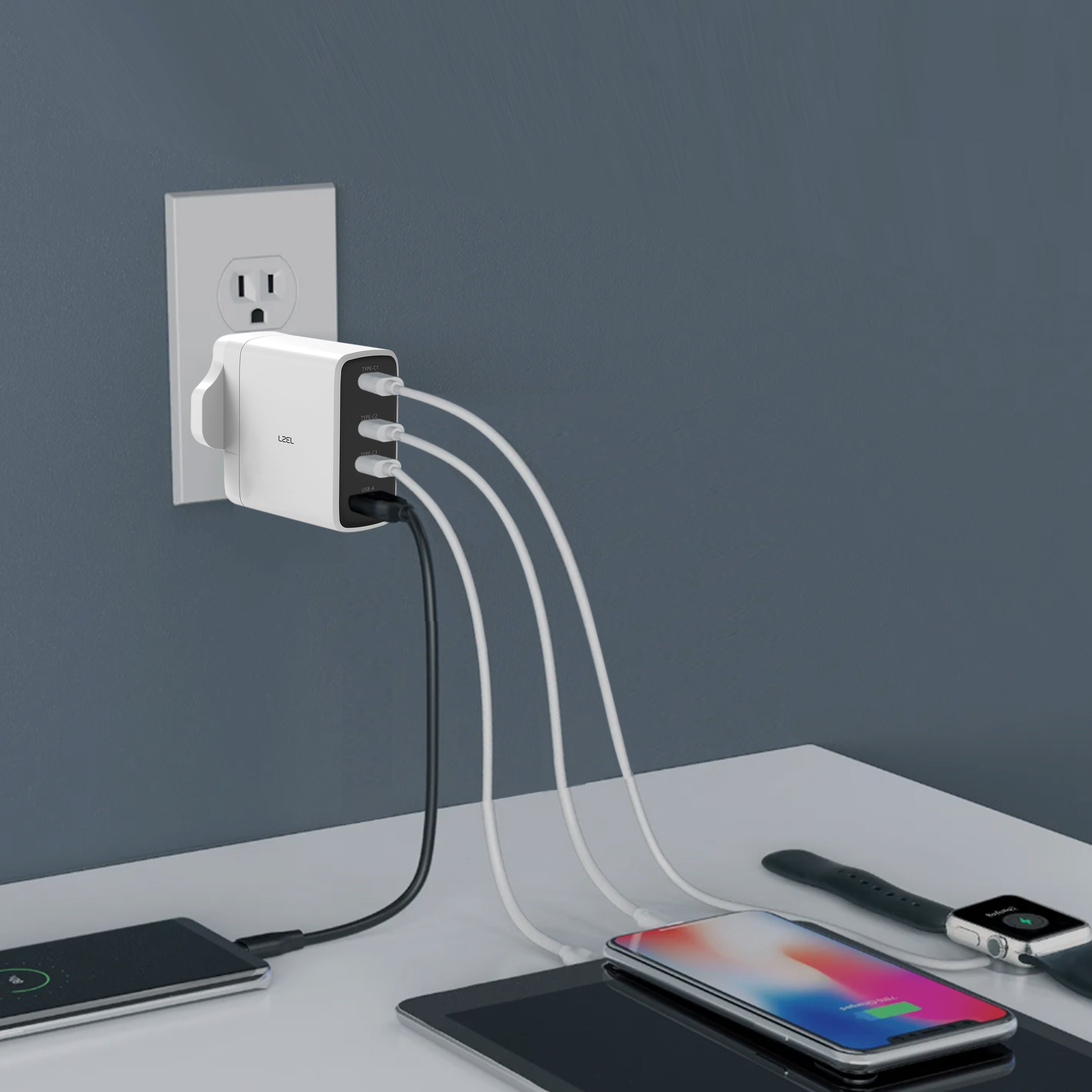 LZEL VoltixCharger 100W 4 Port GaN Wall Charger | White