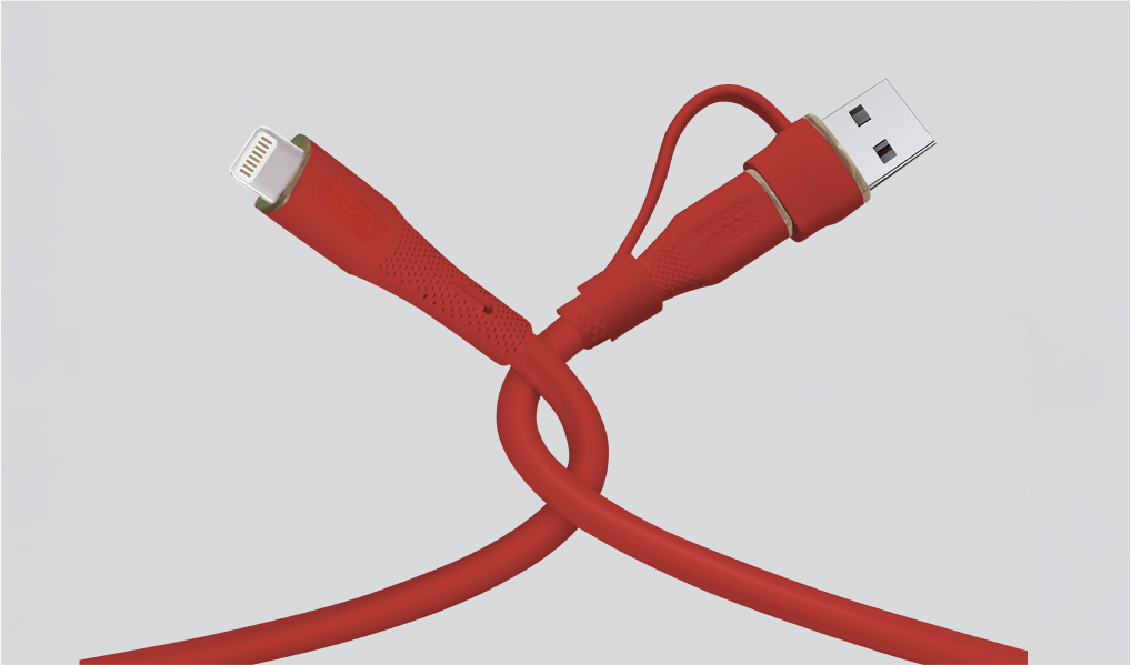 LZEL Celeris PowerDuo – 2-in-1 USB-C to Lightning 27W Silicone Cable (1m) Built-in USB-A Connector | Red