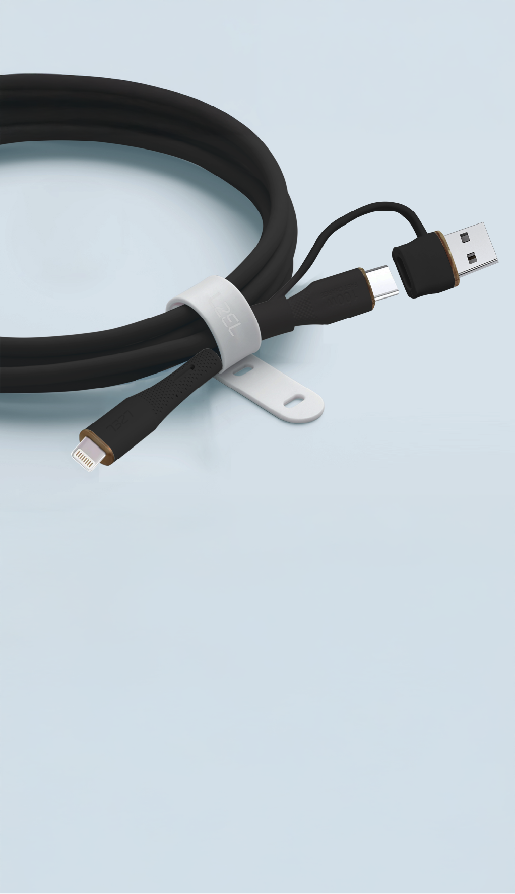 LZEL Celeris PowerDuo – 2-in-1 USB-C to Lightning 27W Silicone Cable (1m) Built-in USB-A Connector | Black