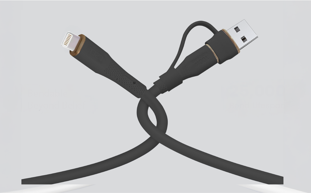 LZEL Celeris PowerDuo – 2-in-1 USB-C to Lightning 27W Silicone Cable (2m) Built-in USB-A Connector | Black