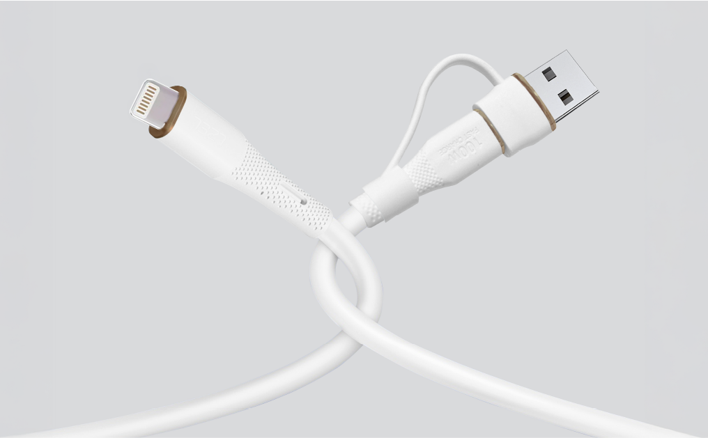 LZEL Celeris PowerDuo – 2-in-1 USB-C to Lightning 27W Silicone Cable (30cm) Built-in USB-A Connector | White