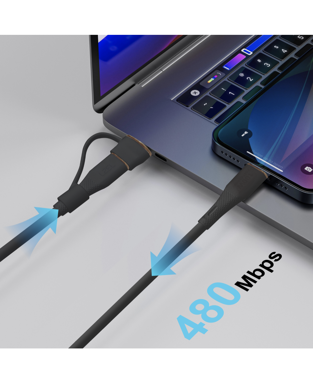 LZEL Celeris PowerDuo – 2-in-1 USB-C to USB-C 100W Silicone Cable (30cm) Built-in USB-A connector | Black