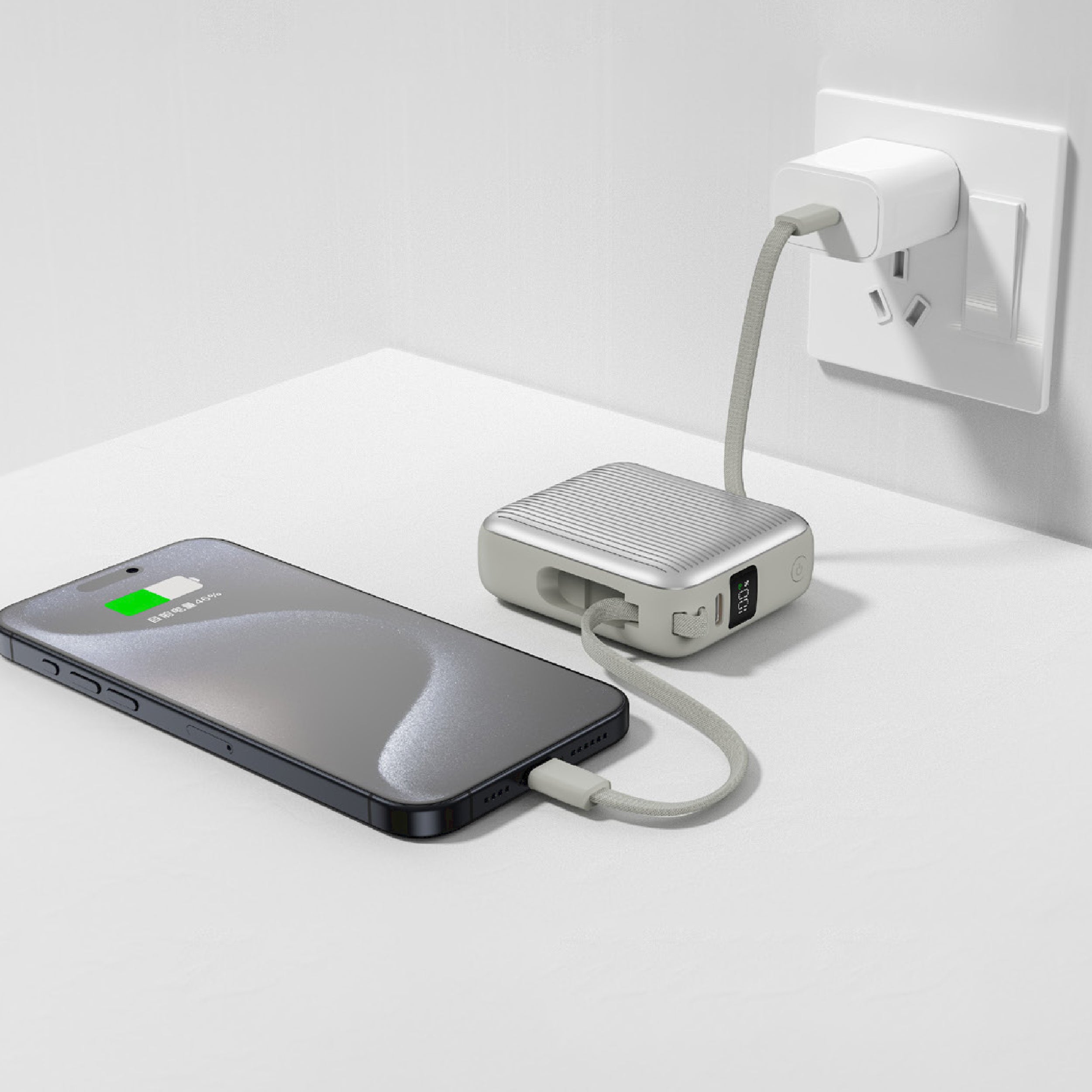 LZEL Neurode Sync - 10,000mAh PD Mini Power Bank 22.5W with Built-in Cable | Silver