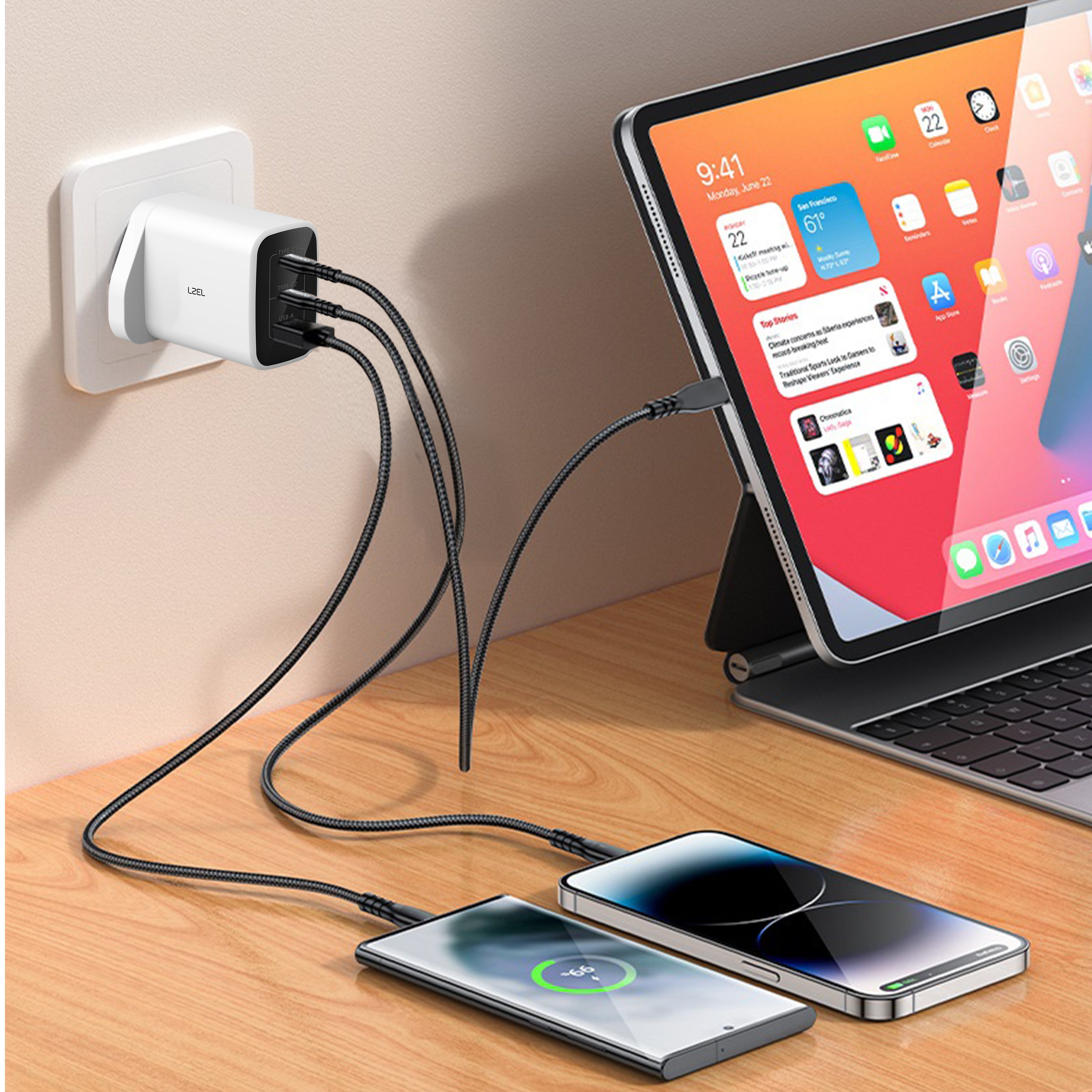 LZEL VoltixCharger 67W 3 Port GaN Wall Charger | White