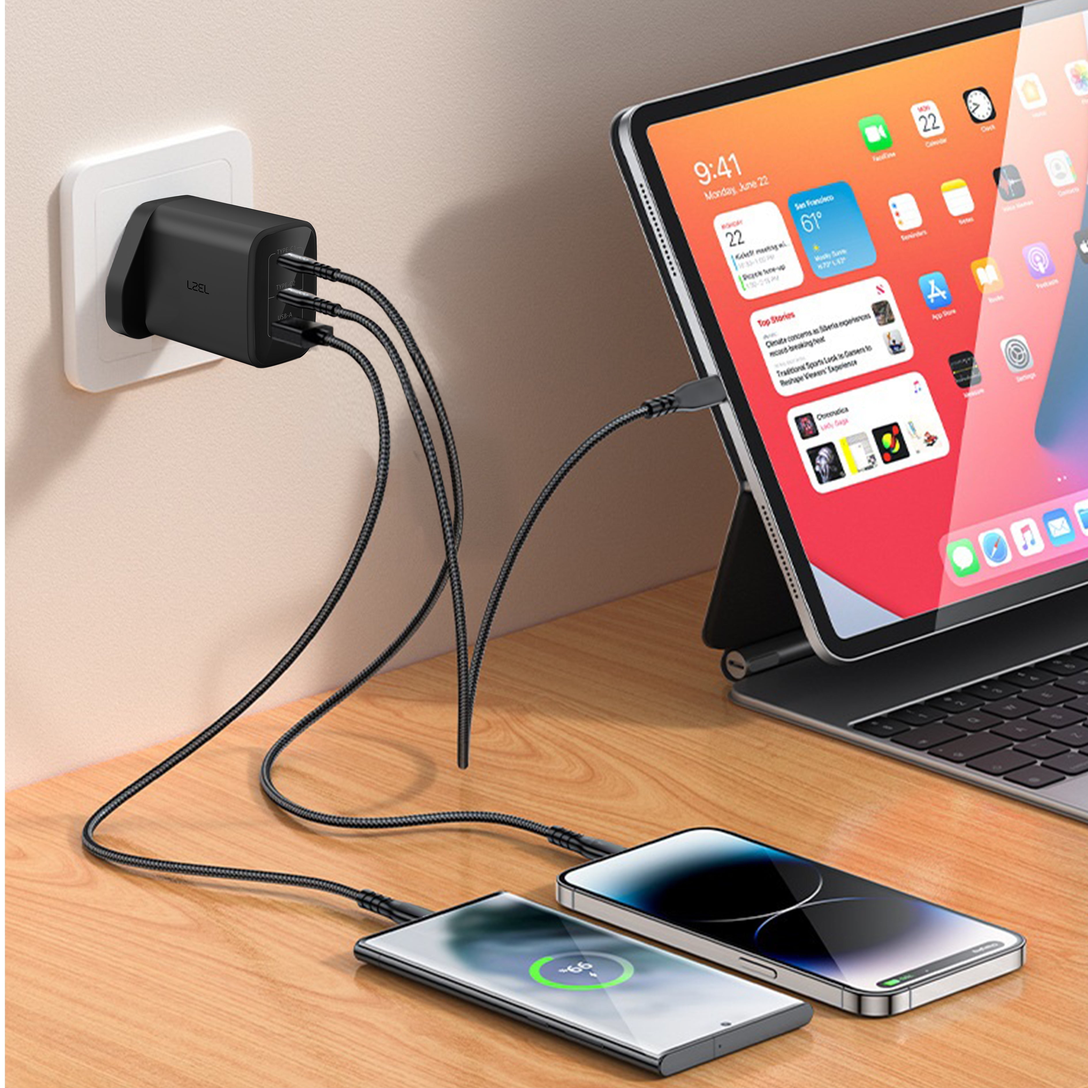 LZEL VoltixCharger 67W 3 Port GaN Wall Charger | Black