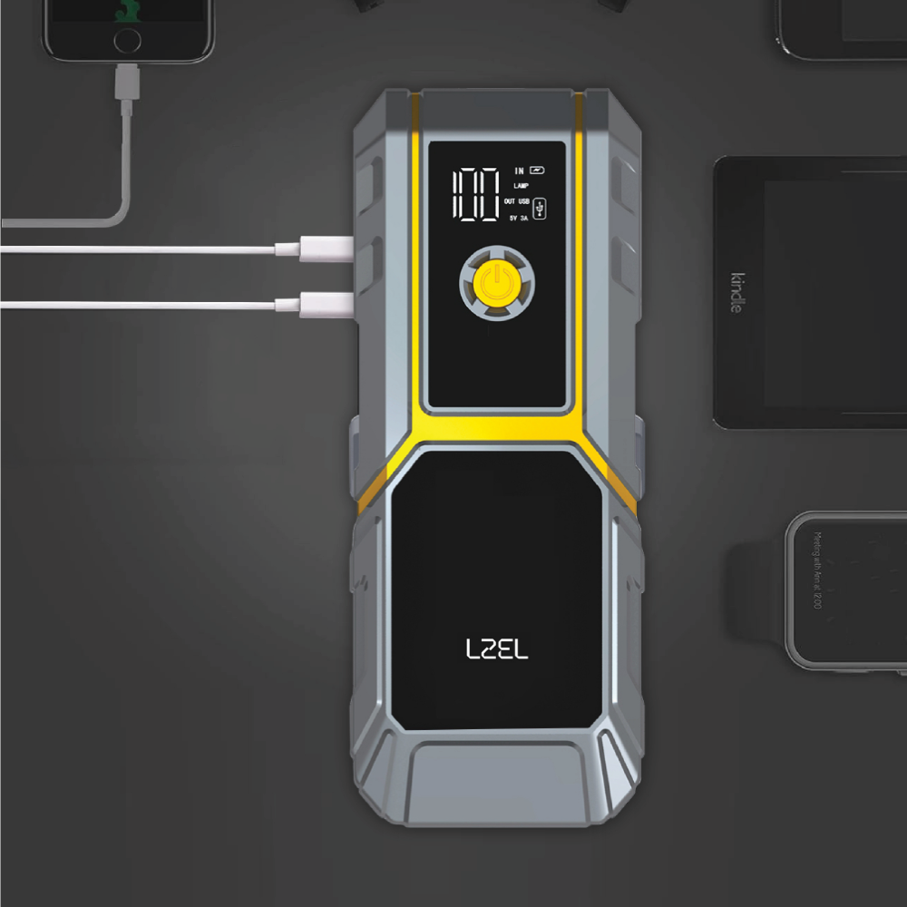 LZEL EnergizeIgnite - 12,000mAh Car Jump Starter with LED Flashlight |Gray/Yellow