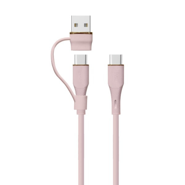LZEL Celeris PowerDuo – 2-in-1 USB-C to USB-C 100W Silicone Cable (2m) Built-in USB-A connector | Pink