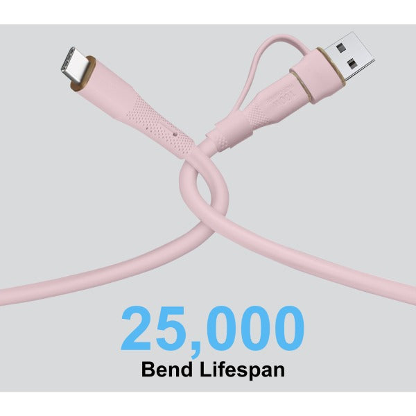 LZEL Celeris PowerDuo – 2-in-1 USB-C to USB-C 100W Silicone Cable (2m) Built-in USB-A connector | Pink