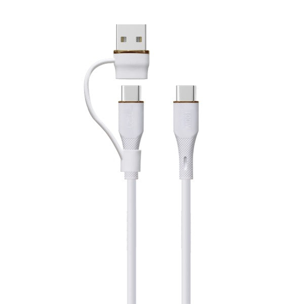 LZEL Celeris PowerDuo – 2-in-1 USB-C to USB-C 100W Silicone Cable (1m) Built-in USB-A connector | White