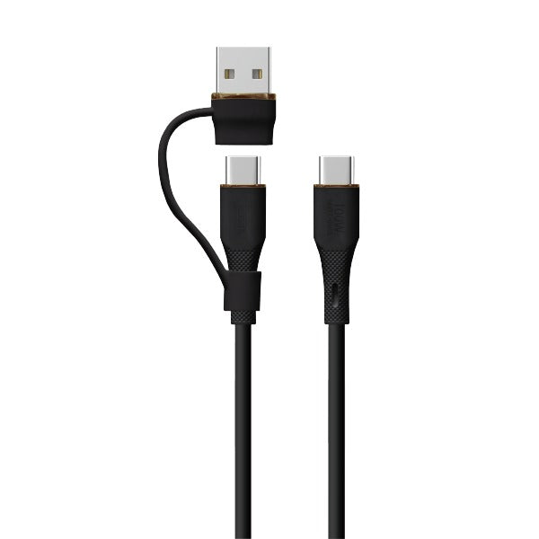 LZEL Celeris PowerDuo – 2-in-1 USB-C to USB-C 100W Silicone Cable (1m) Built-in USB-A connector | Black