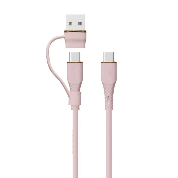 LZEL Celeris PowerDuo – 2-in-1 USB-C to USB-C 100W Silicone Cable (1m) Built-in USB-A connector | Pink