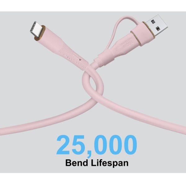 LZEL Celeris PowerDuo – 2-in-1 USB-C to USB-C 100W Silicone Cable (1m) Built-in USB-A connector | Pink