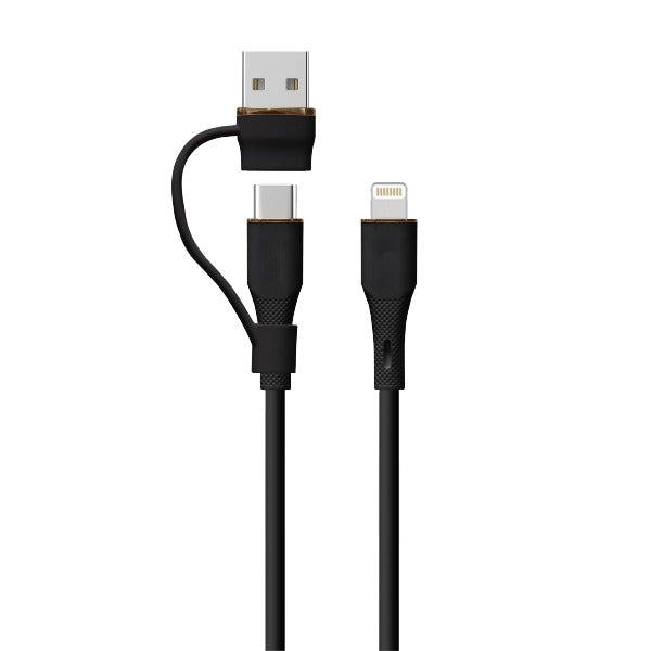 LZEL Celeris PowerDuo – 2-in-1 USB-C to Lightning 27W Silicone Cable (1m) Built-in USB-A Connector | Black