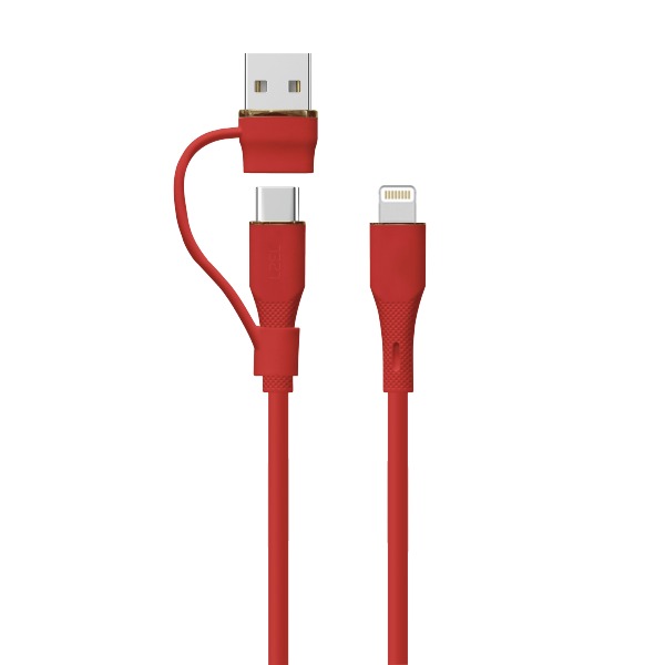 LZEL Celeris PowerDuo – 2-in-1 USB-C to Lightning 27W Silicone Cable (2m) Built-in USB-A Connector | Red
